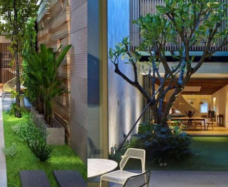 Ilustrasi rumah di kawasan hijau asri dengan pepohonan dan udara bersih