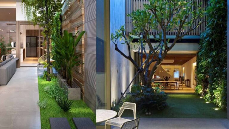 Ilustrasi rumah di kawasan hijau asri dengan pepohonan dan udara bersih