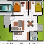 Ilustrasi denah rumah minimalis tipe 36 dengan simbol pintu dan ukuran ruang