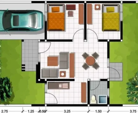 Ilustrasi denah rumah minimalis tipe 36 dengan simbol pintu dan ukuran ruang