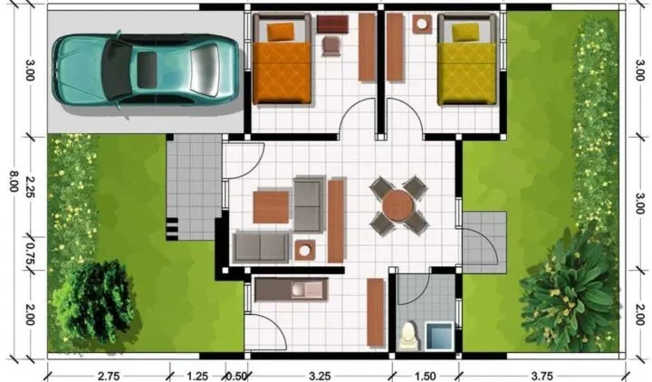 Ilustrasi denah rumah minimalis tipe 36 dengan simbol pintu dan ukuran ruang