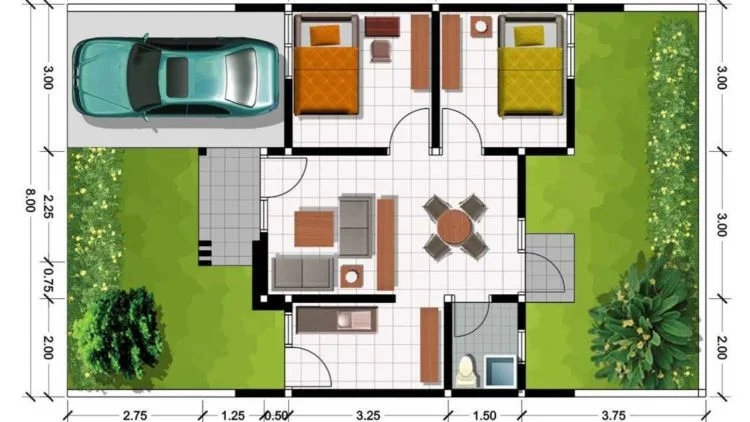 Ilustrasi denah rumah minimalis tipe 36 dengan simbol pintu dan ukuran ruang