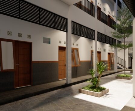 Ilustrasi rumah kost minimalis 2 lantai dengan 6 kamar tahun 2025