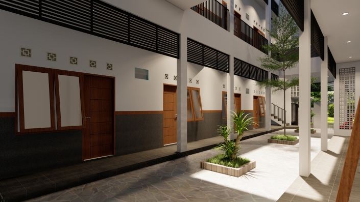 Ilustrasi rumah kost minimalis 2 lantai dengan 6 kamar tahun 2025
