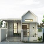 Ilustrasi rumah tipe 36/72 minimalis modern dengan halaman dan rencana renovasi 2 lantai