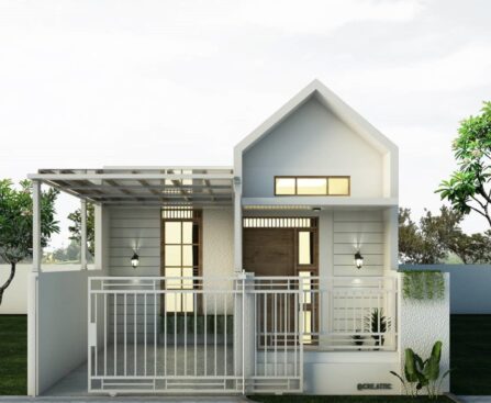 Ilustrasi rumah tipe 36/72 minimalis modern dengan halaman dan rencana renovasi 2 lantai
