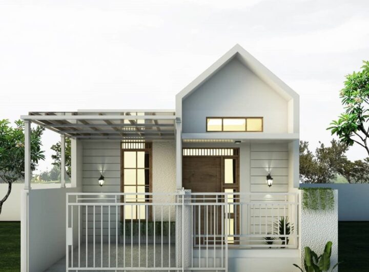 Ilustrasi rumah tipe 36/72 minimalis modern dengan halaman dan rencana renovasi 2 lantai