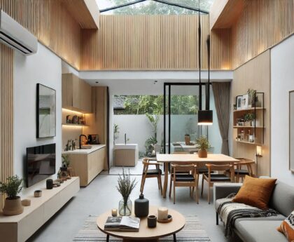 Ilustrasi ruang tamu dan dapur menyatu dengan konsep open space rumah minimalis 2025