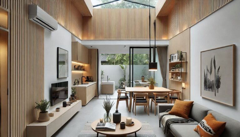 Ilustrasi ruang tamu dan dapur menyatu dengan konsep open space rumah minimalis 2025