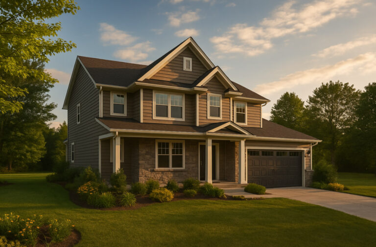 Ilustrasi denah rumah split level 2025 dengan ruang tamu, dapur, kamar dan void bertingkat