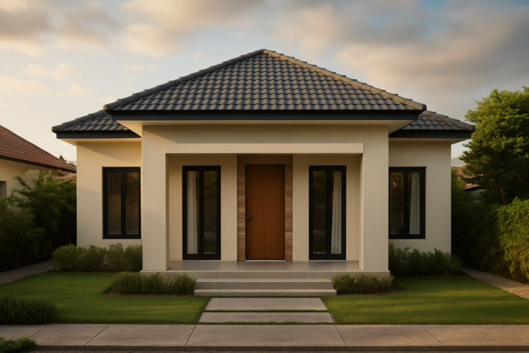 Ilustrasi denah rumah 3 kamar tidur minimalis modern dengan taman belakang tahun 2025