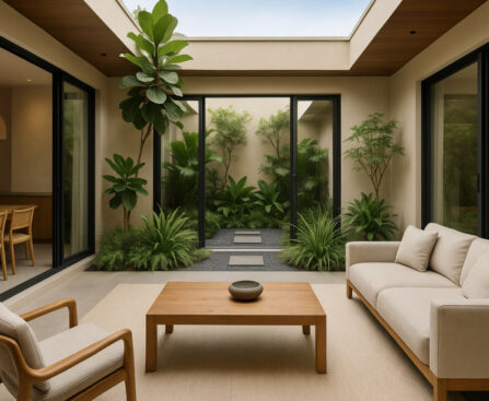 desain rumah dengan taman dalam, inner court rumah minimalis, rumah tropis adem, taman rumah kecil, rumah sehat 2025, void taman dalam
