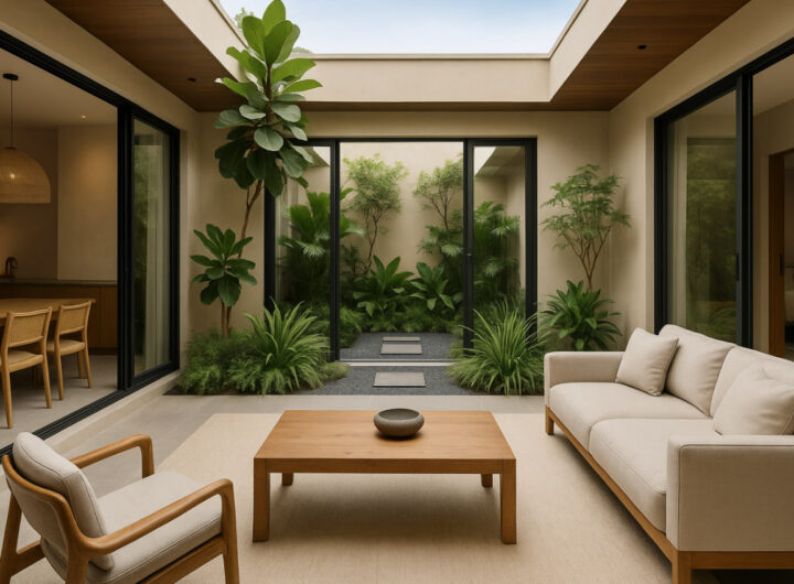 desain rumah dengan taman dalam, inner court rumah minimalis, rumah tropis adem, taman rumah kecil, rumah sehat 2025, void taman dalam