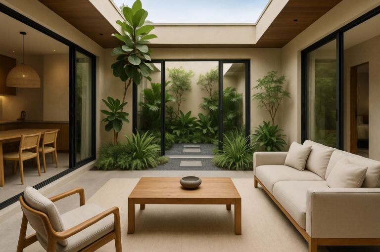 desain rumah dengan taman dalam, inner court rumah minimalis, rumah tropis adem, taman rumah kecil, rumah sehat 2025, void taman dalam
