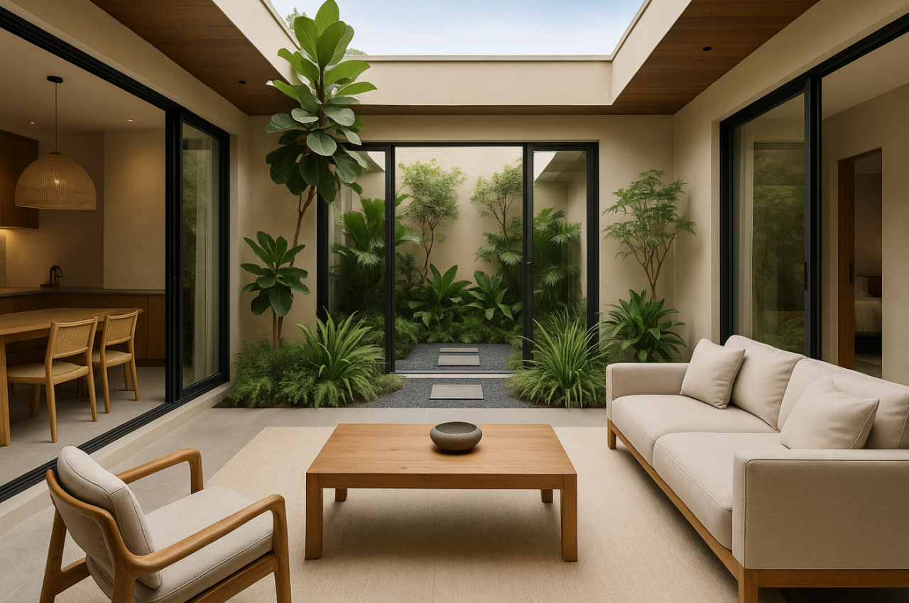 desain rumah dengan taman dalam, inner court rumah minimalis, rumah tropis adem, taman rumah kecil, rumah sehat 2025, void taman dalam