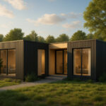 Ilustrasi rumah modular minimalis modern tahun 2025 dengan taman kecil dan jendela besar