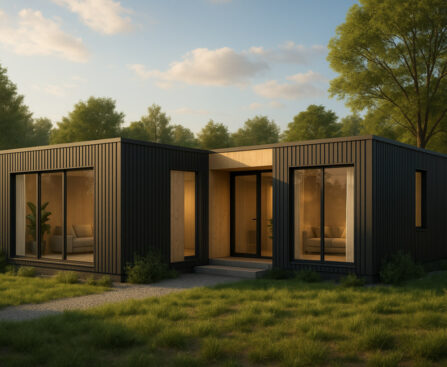 Ilustrasi rumah modular minimalis modern tahun 2025 dengan taman kecil dan jendela besar