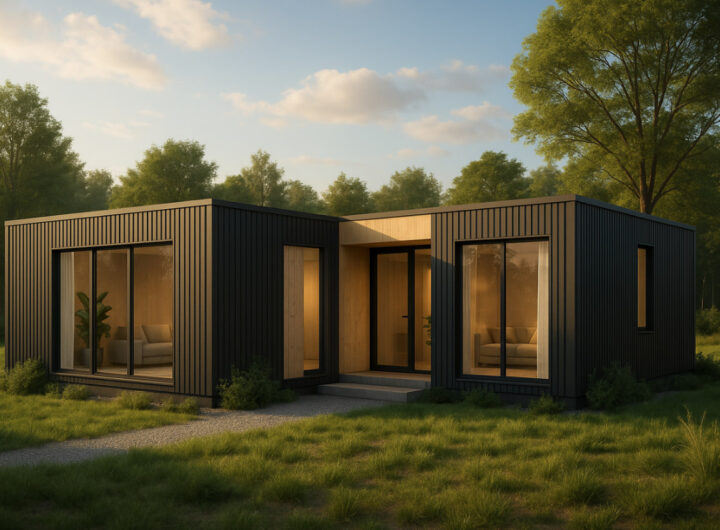 Ilustrasi rumah modular minimalis modern tahun 2025 dengan taman kecil dan jendela besar