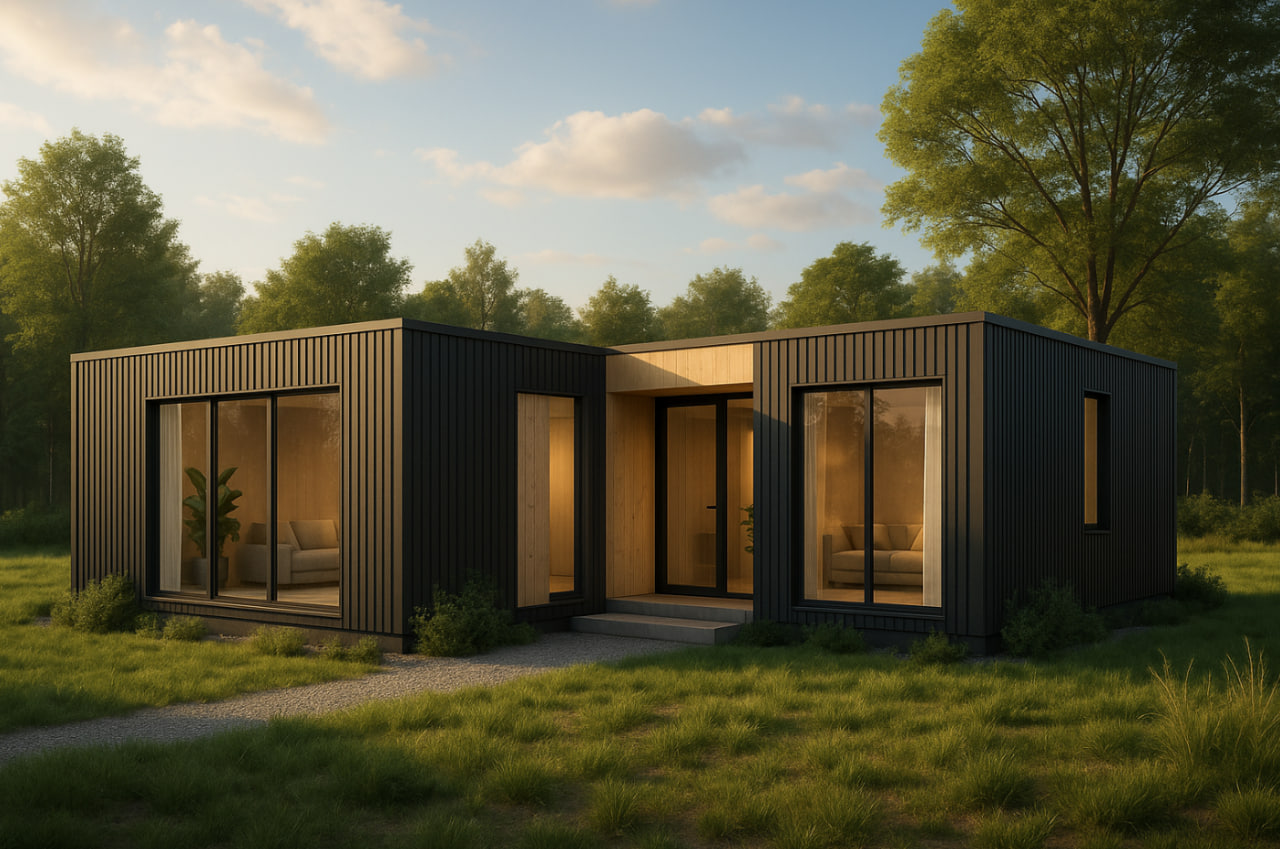 Ilustrasi rumah modular minimalis modern tahun 2025 dengan taman kecil dan jendela besar