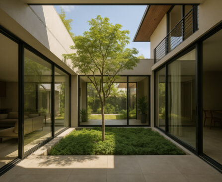 Void rumah minimalis 2025 di atas ruang tamu dengan jendela tinggi dan skylight