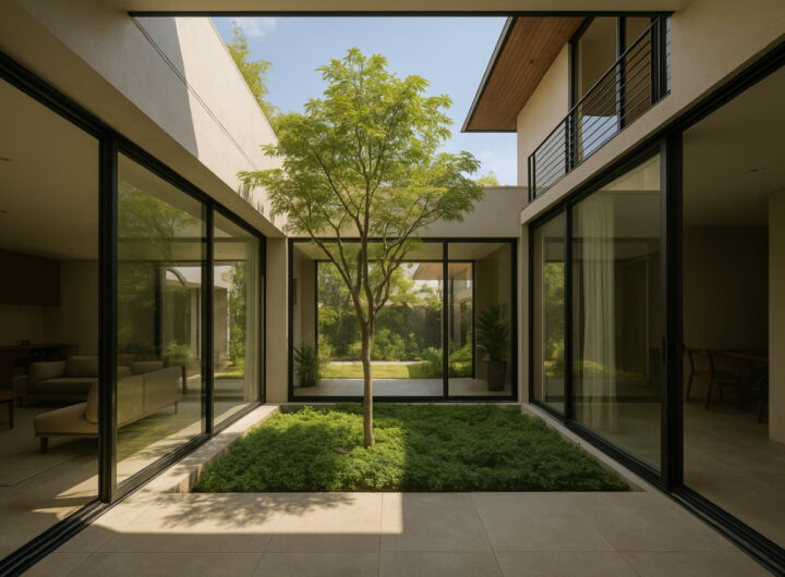 Void rumah minimalis 2025 di atas ruang tamu dengan jendela tinggi dan skylight