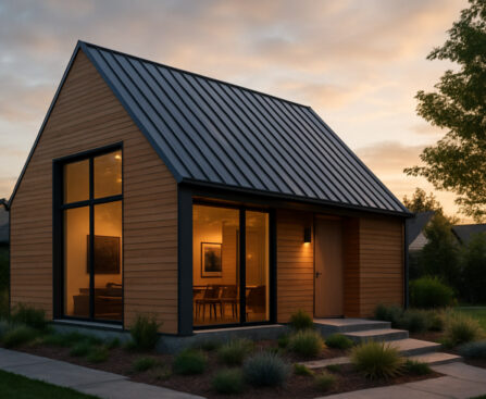 Rumah minimalis modern dengan atap miring dan jendela besar