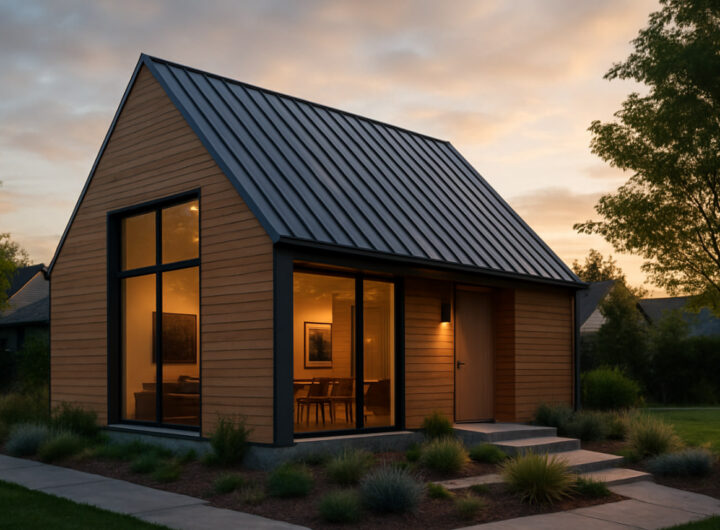 Rumah minimalis modern dengan atap miring dan jendela besar