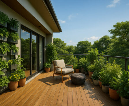 Balkon taman minimalis modern 2025 dengan tanaman pot dan kursi santai