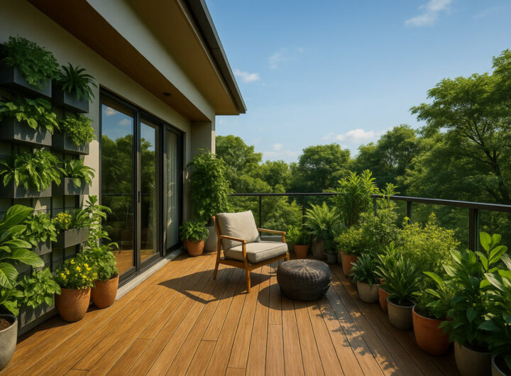 Balkon taman minimalis modern 2025 dengan tanaman pot dan kursi santai
