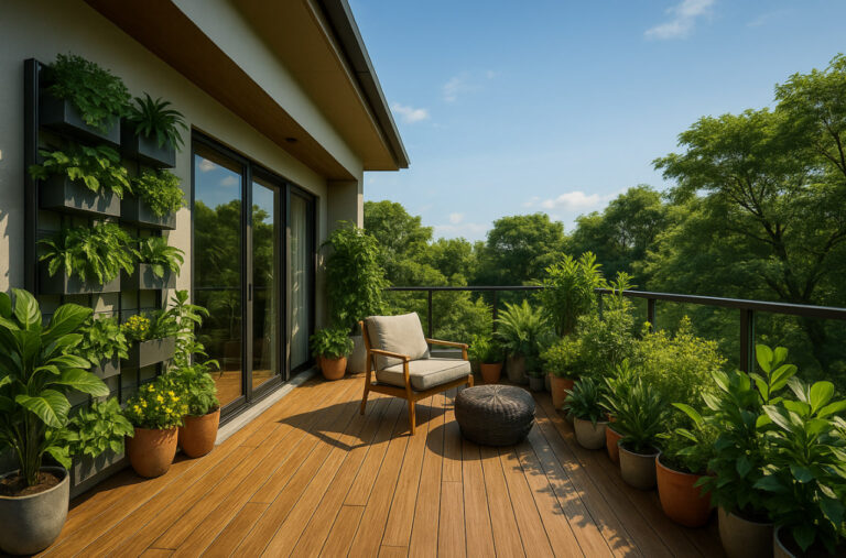 Balkon taman minimalis modern 2025 dengan tanaman pot dan kursi santai