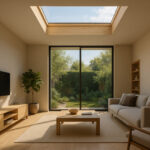 Skylight rumah minimalis modern 2025 dengan cahaya alami masuk ke ruang keluarga