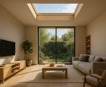 Skylight rumah minimalis modern 2025 dengan cahaya alami masuk ke ruang keluarga
