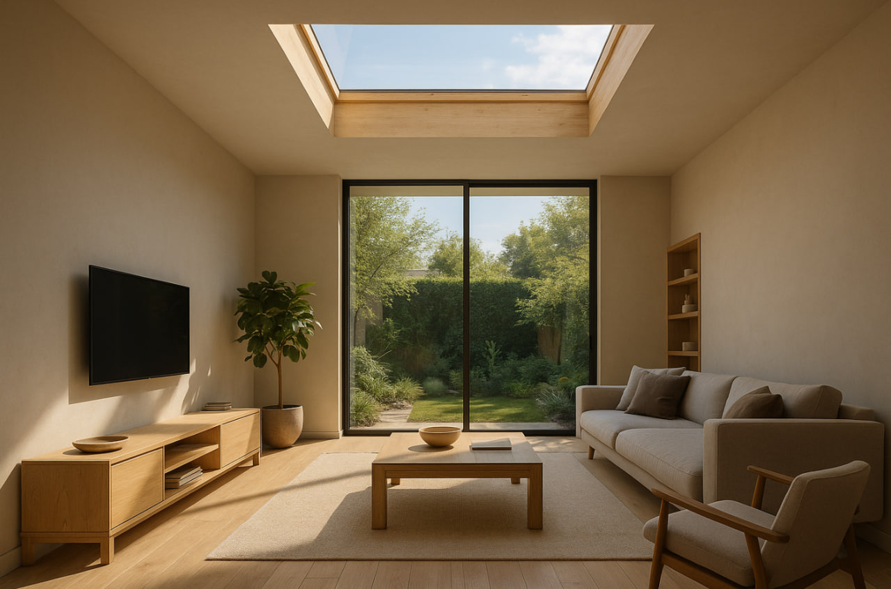 Skylight rumah minimalis modern 2025 dengan cahaya alami masuk ke ruang keluarga