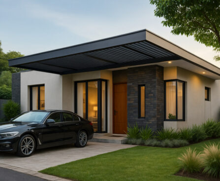 Rumah minimalis modern 2025 dengan kanopi kaca tempered dan rangka besi