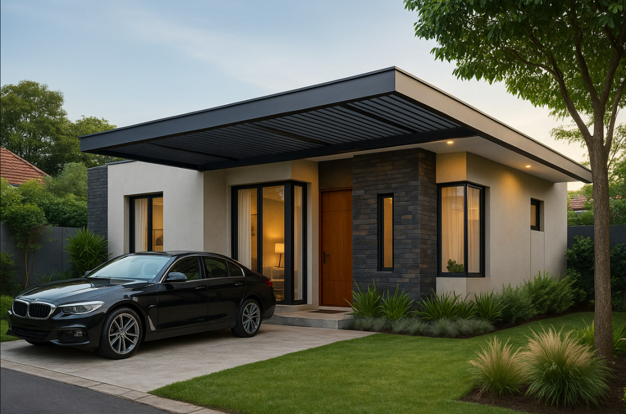Rumah minimalis modern 2025 dengan kanopi kaca tempered dan rangka besi