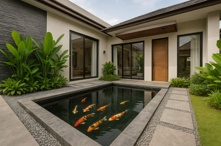 Kolam ikan minimalis modern 2025 di taman depan rumah dengan batu alam dan tanaman hijau