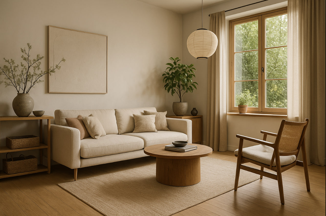Interior rumah Japandi minimalis modern 2025 dengan sofa netral dan furnitur kayu