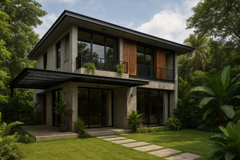 Rumah industrial tropis minimalis 2025 dengan beton ekspos, jendela besar, dan taman hijau