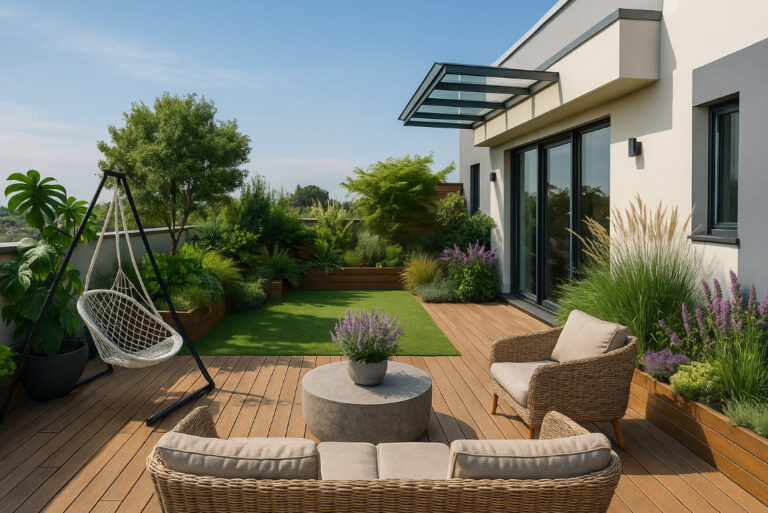 Rooftop garden minimalis modern 2025 dengan tanaman hijau dan kursi santai