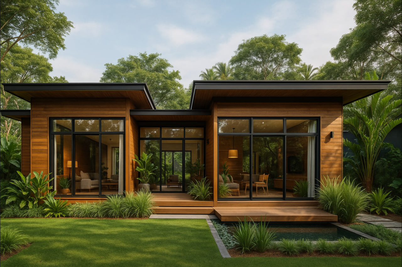 Rumah kayu modern minimalis 2025 dengan kaca besar dan taman hijau tropis
