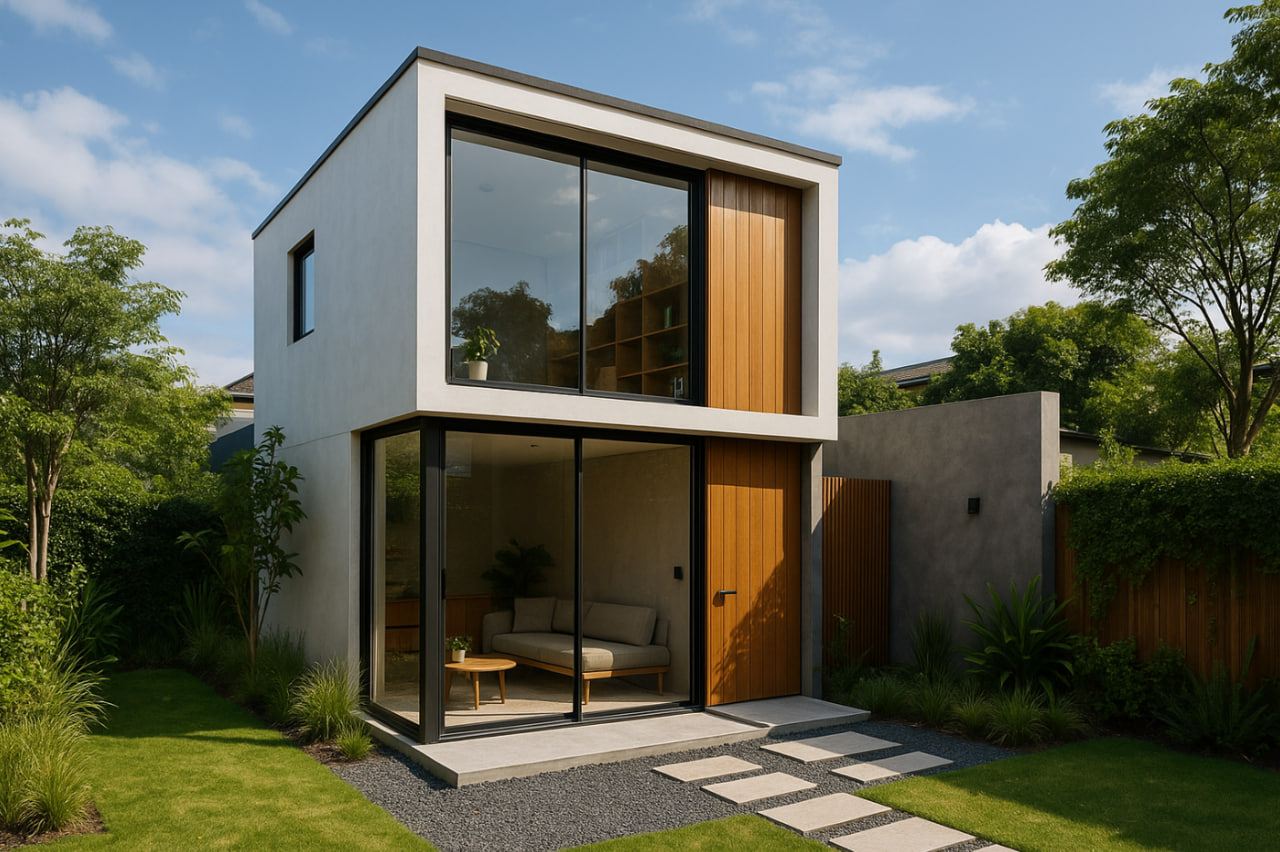 Rumah compact minimalis modern 2025 dengan kaca besar dan furnitur multifungsi