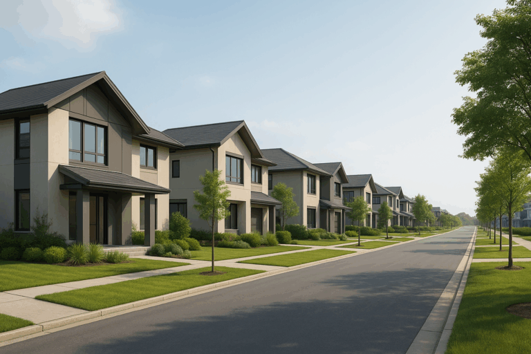 ilustrasi kawasan perumahan modern di pinggiran kota besar dengan lahan hijau dan akses jalan lebar