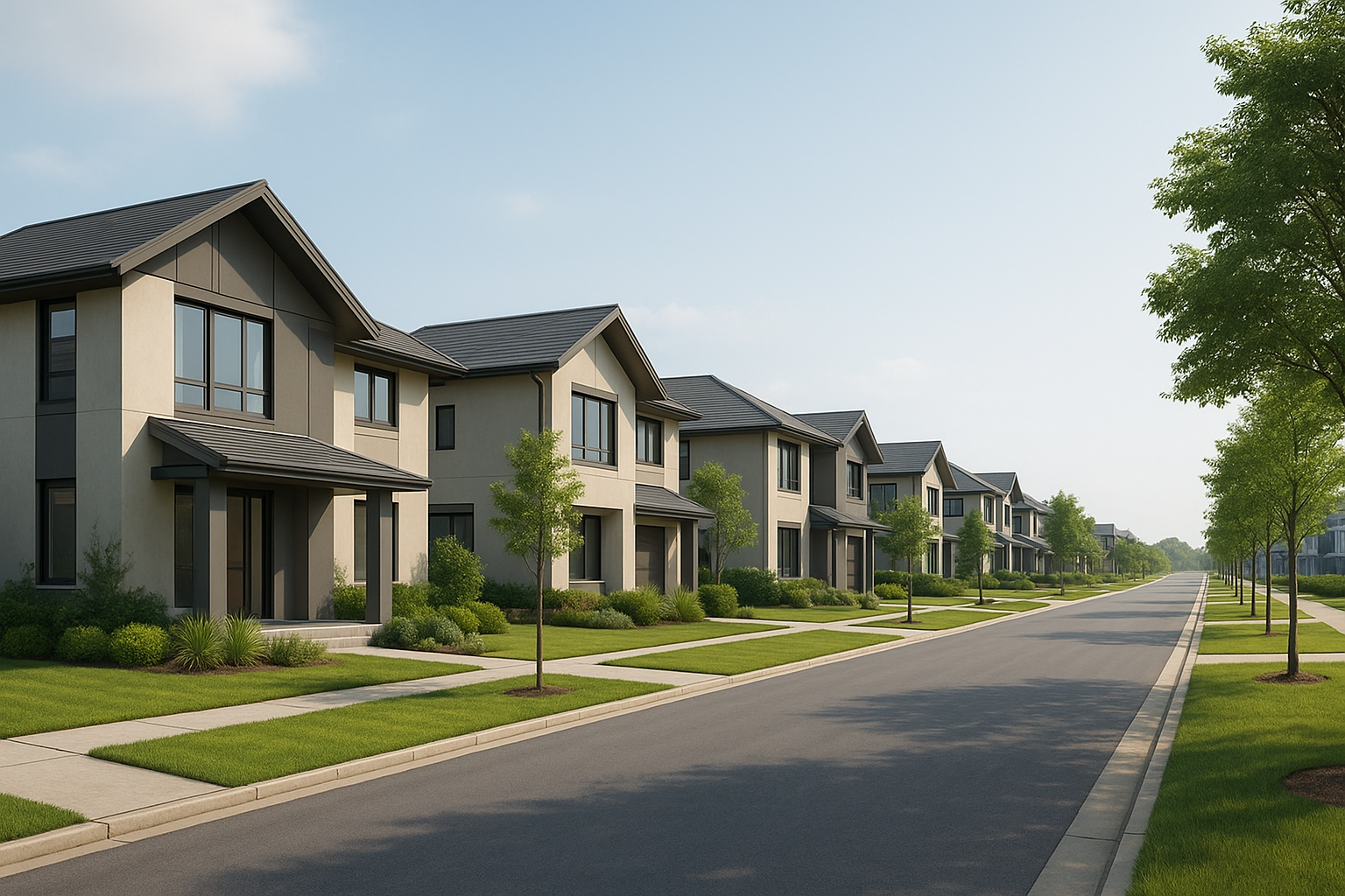 ilustrasi kawasan perumahan modern di pinggiran kota besar dengan lahan hijau dan akses jalan lebar