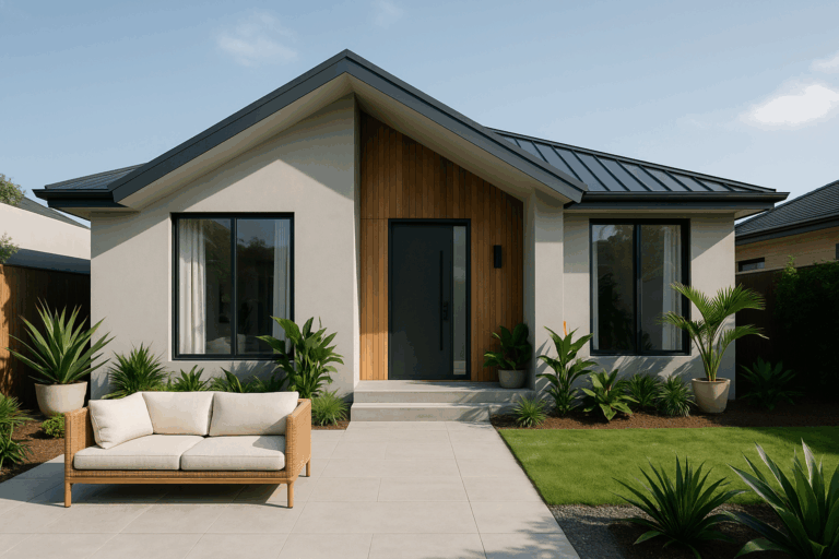 ilustrasi rumah modern minimalis dengan area taman tropis dan desain elegan tahun 2025