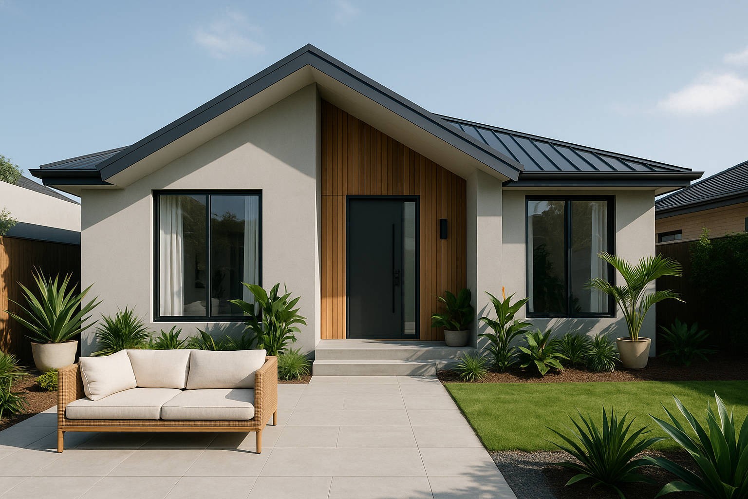 ilustrasi rumah modern minimalis dengan area taman tropis dan desain elegan tahun 2025