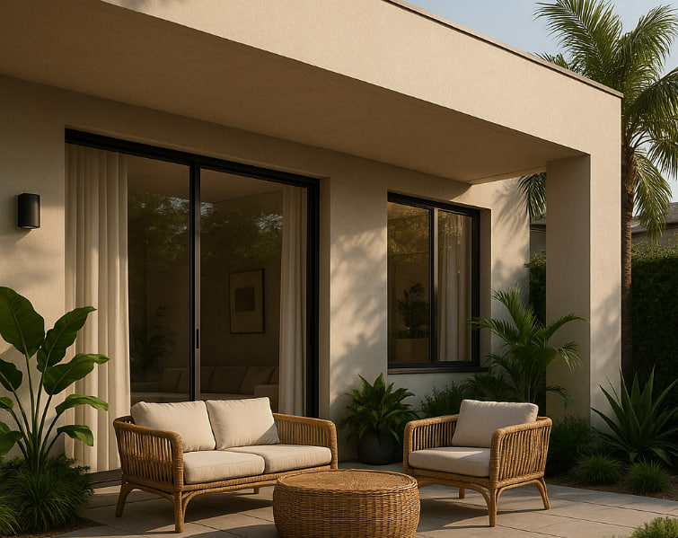 Teras rumah minimalis modern 2025 dengan furnitur rotan dan tanaman tropis