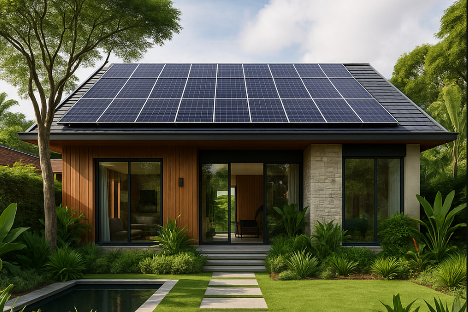 fasad rumah tropis modern dengan taman hijau dan panel surya di atap