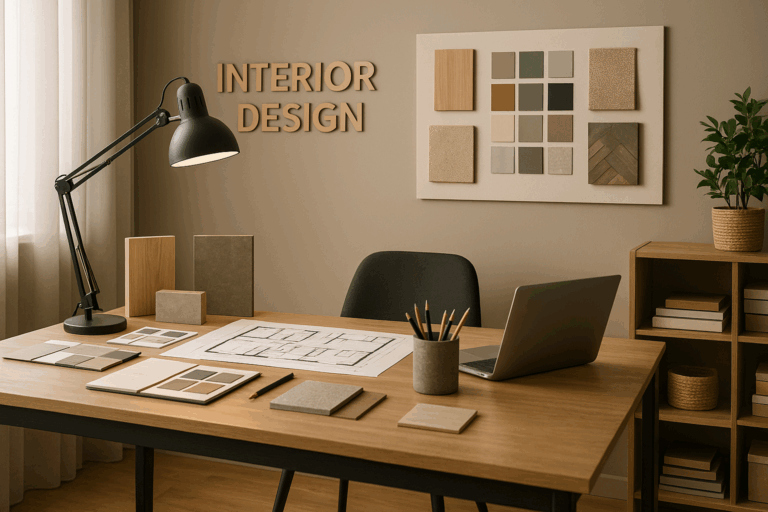 ruang kerja desainer interior dengan sampel material dan konsep moodboard modern 2025