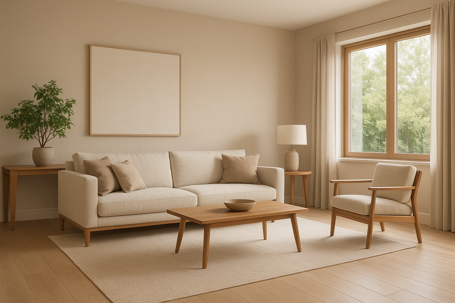 ruang tamu minimalis modern dengan warna netral dan aksen kayu alami