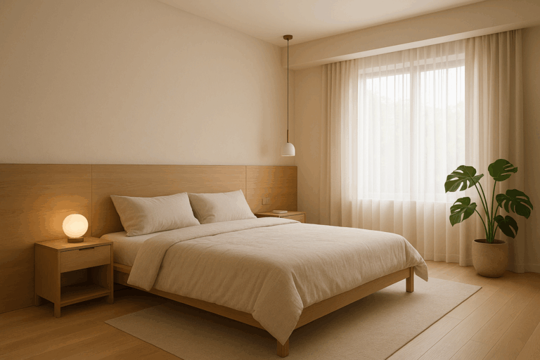 kamar tidur modern minimalis 2025 dengan warna earth tone dan headboard kayu panjang